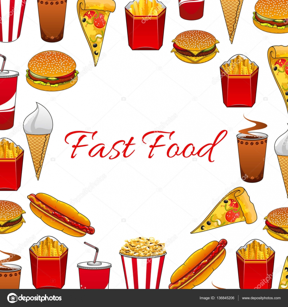 Fast food dishes and takeaway drinks poster Stock Vector Image by