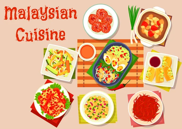 Salad masakan Malaysia dan ikon hidangan sup - Stok Vektor