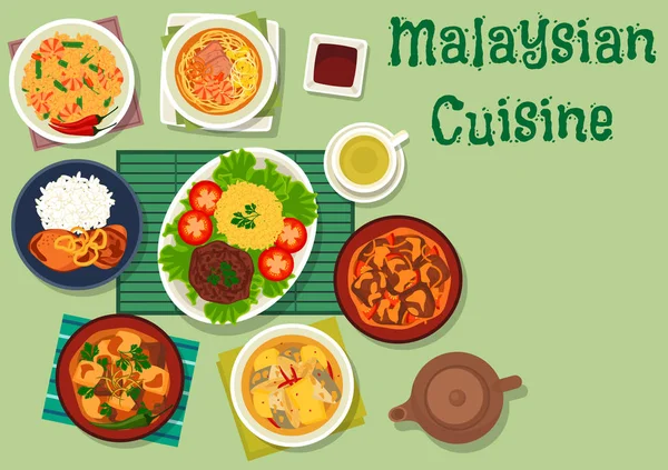 Dania kuchni malezyjskiej ikona z mięsa, dania z owoców morza — Wektor stockowy