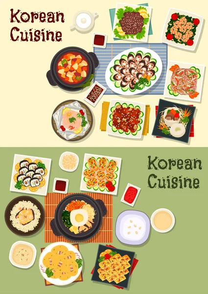 Korean cuisine traditional lunch icon set — Stock Vector
