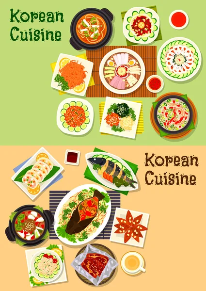 Cocina coreana y asiática platos populares icono conjunto — Vector de stock