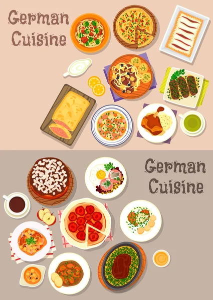 Cocina alemana platos de carne con el icono del postre conjunto — Vector de stock