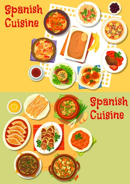 Kuchnia Hiszpańska owoce morza i mięso naczynia zestaw ikon — Wektor stockowy