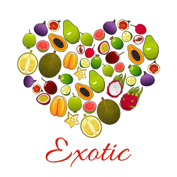 Egzotikus gyümölcsök poszter design élelmiszer szívében — Stock Vector