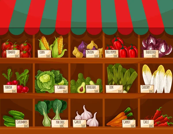 Puesto de venta de verduras y frutas con etiquetas de precios — Vector de stock