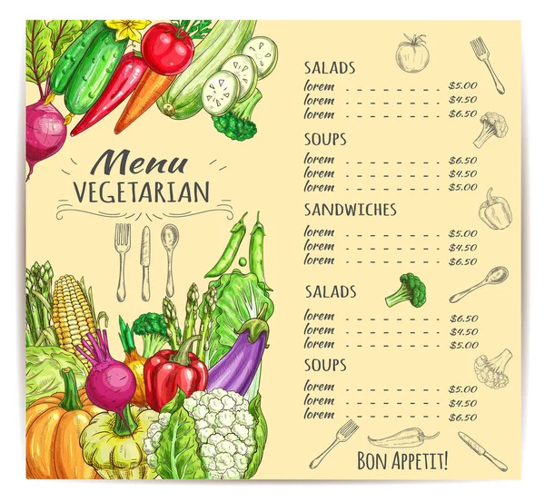 Diseño de plantilla de menú vegetariano con verduras — Archivo Imágenes Vectoriales