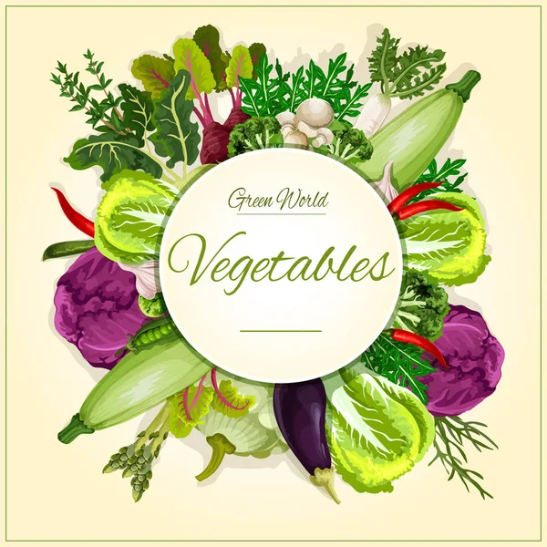 Design de cartaz de vegetais, cogumelos e folhas de salada — Vetor de Stock