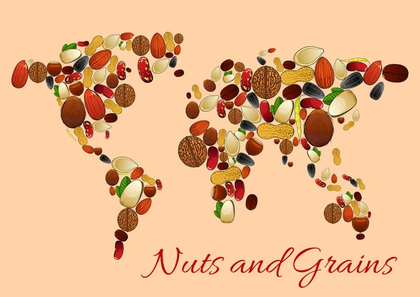 Mapa světa z ořechů, semen a zrna — Stockový vektor