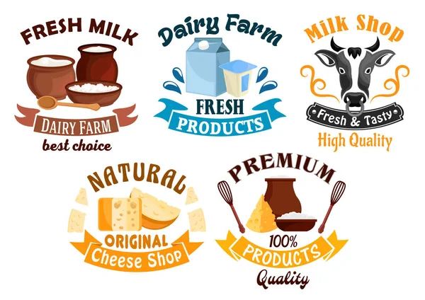 Melk en kaas shop, melkveebedrijf cartoon badge set — Stockvector