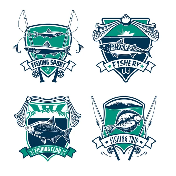 Clube de esporte de pesca design de conjunto de emblema heráldico — Vetor de Stock