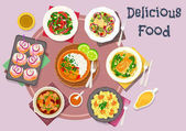 Картина, постер, плакат, фотообои "hot meat dishes with fish snack and salads icon", артикул 137142716