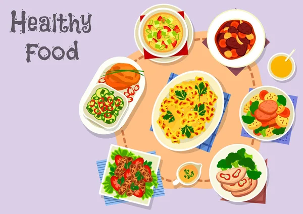 Dieta menu ikona z potraw z warzyw i mięsa — Wektor stockowy