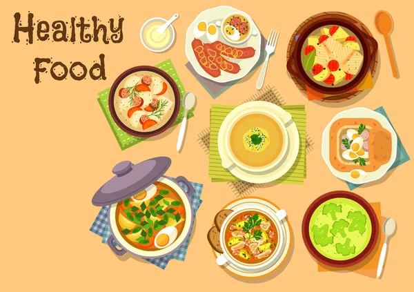 Icono de platos de sopa para un diseño de menú de almuerzo saludable — Vector de stock