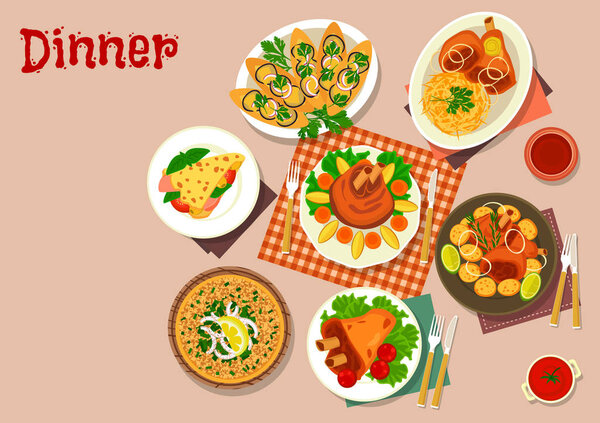 Meat dishes with appetizers icon food theme design