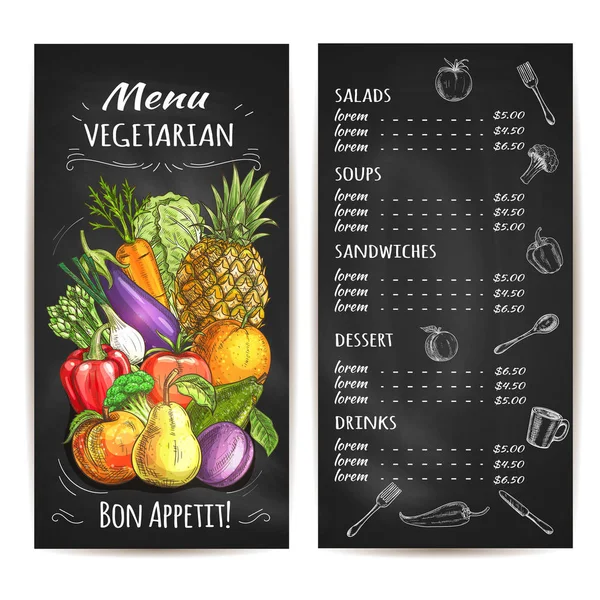 Vegetarisch menu van groenten, fruit, krijt prijs — Stockvector