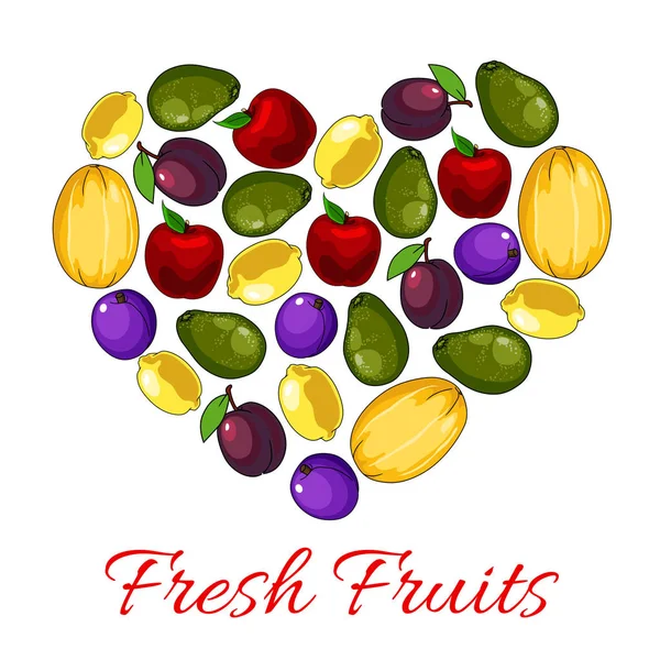 Cartaz de frutas frescas com forma de coração de fruta — Vetor de Stock