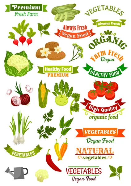 Vegetales vector aislado iconos cintas veganas conjunto — Vector de stock