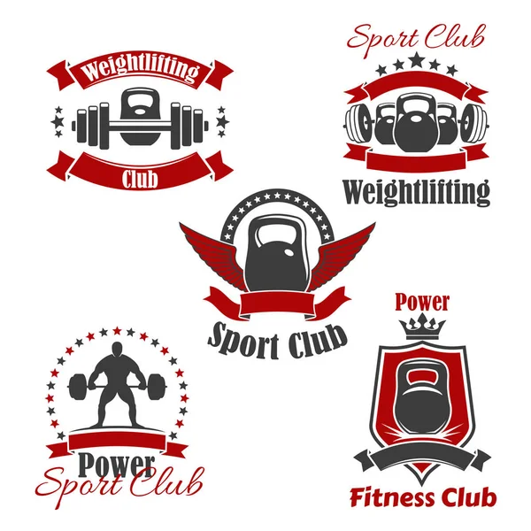 Gewichtheben Sportverein oder Turnhalle Vektor Symbole gesetzt — Stockvektor