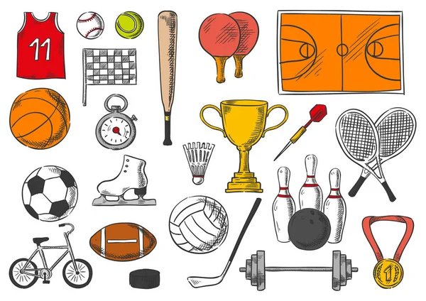 Sport items, balls isolated sketch vector icons — Stock Vector