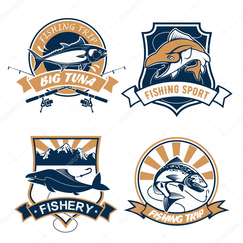 Fishing icons set or emblems with fishing rods, hook and baits, river or lake fish catch of tuna, carp perch or sturgeon salmon or trout, catfish or eel. Fisherman sport club or fishery industry