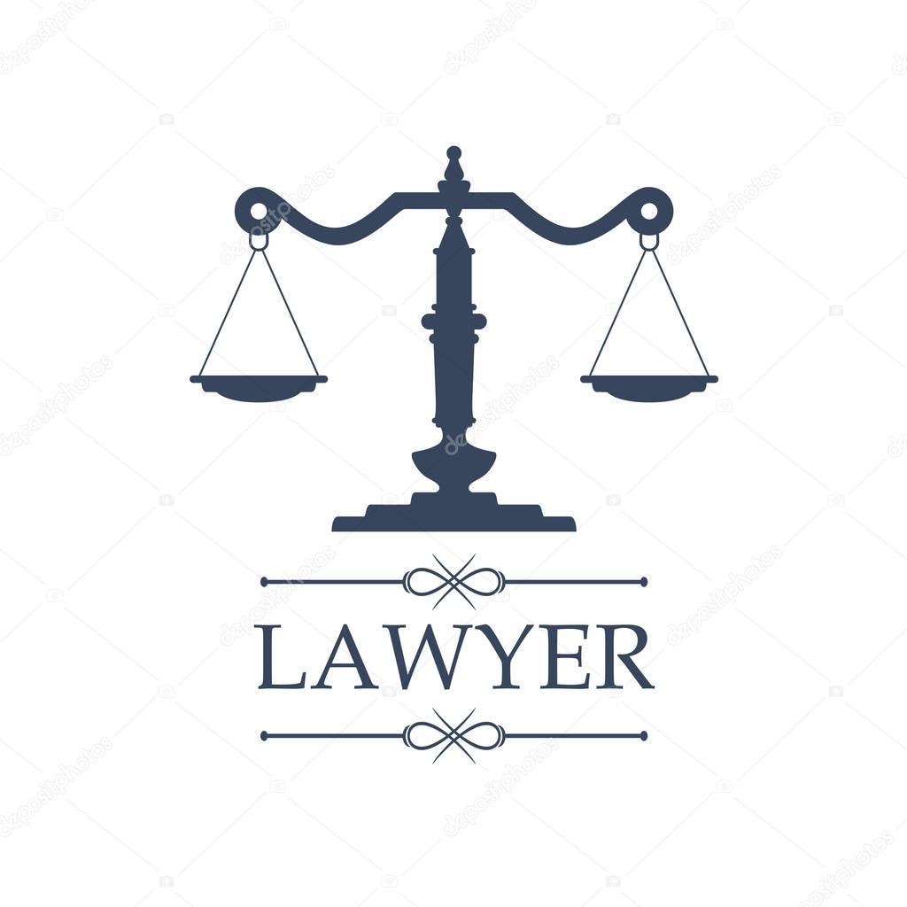 Legal center or law advocate icon with symbol of Justice Scales for rights lawyer or jurisdiction advocacy. Juridical emblem for advocate or attorney office, counsel, notary company or judge