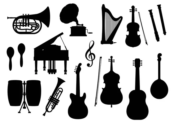 Instrumentos musicales vector silueta iconos — Archivo Imágenes Vectoriales