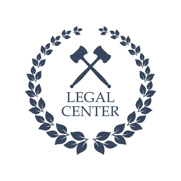 Het pictogram van de vector van de juridische center van rechter hamer en krans — Stockvector