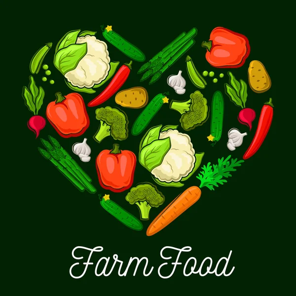 Verdure fattoria cibo cuore vettore poster — Vettoriale Stock