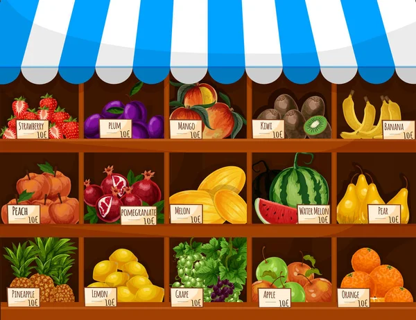 Vettore mercato della frutta stand vetrina con frutta — Vettoriale Stock