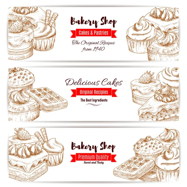 Bakery shop dessert cakes sketch banners set — Stock Vector