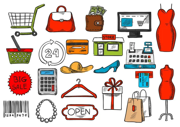 Shopping et vente au détail esquisse isolé icônes vectorielles — Image vectorielle