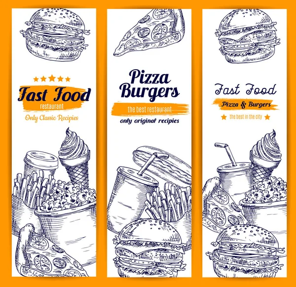 Pizza and burgers fast food vector sketch banners — Stock Vector