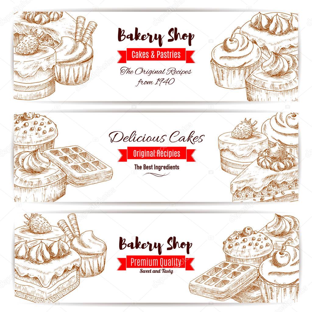 Bakery shop dessert cakes sketch banners set