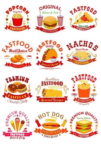 Fast Food vector isolated icons, emblems, ribbons — Stock Vector