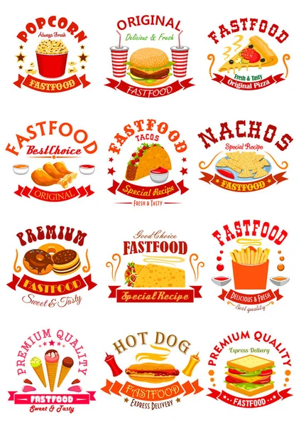 Fast Food vector iconos aislados, emblemas, cintas — Archivo Imágenes Vectoriales