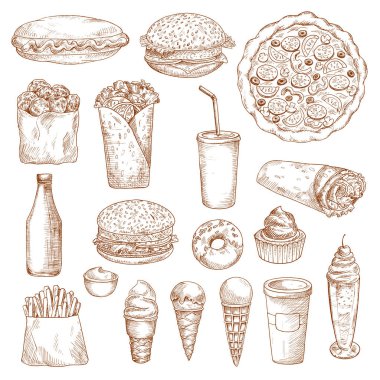 Fast Food sketch vektör simgeler