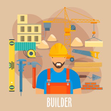 Builder worker with building work tools poster clipart