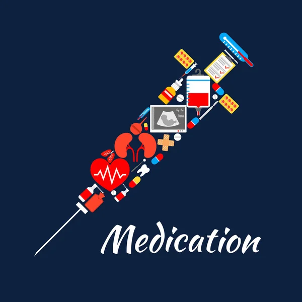 Jeringa símbolo de herramientas médicas medicamentos, artículos — Vector de stock