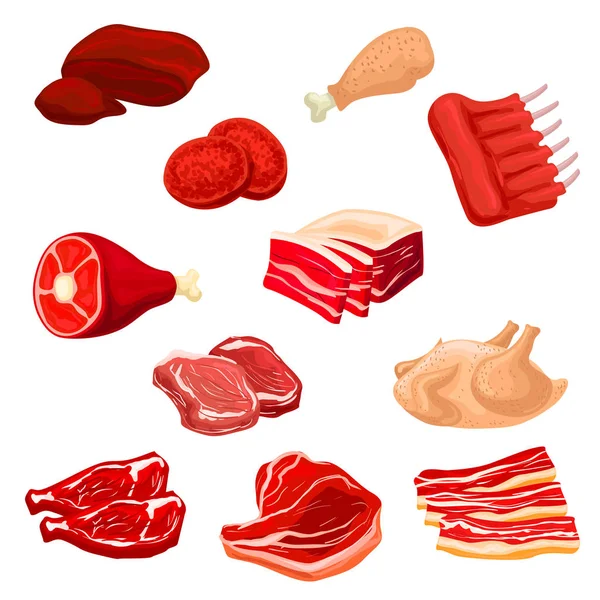Ícones de carne fresca de carne bovina, carne de porco, aves de capoeira, carneiro — Vetor de Stock
