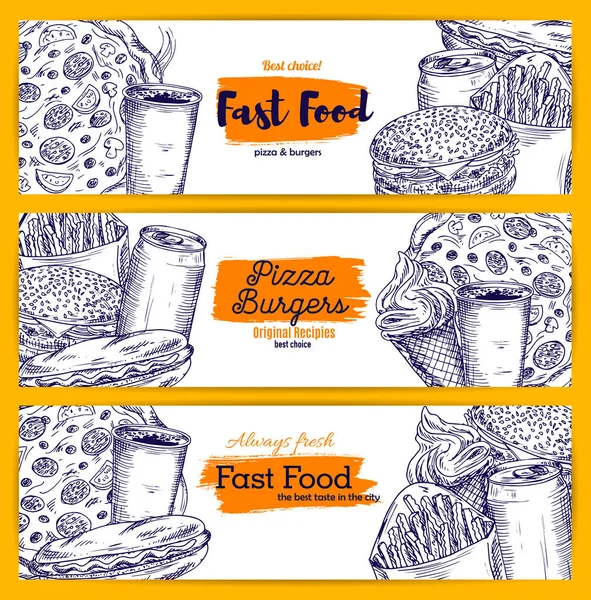 Set banner per sketch snack e bevande fast food — Vettoriale Stock