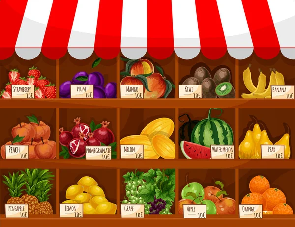 Vettore negozio di frutta stand vetrina con frutta — Vettoriale Stock