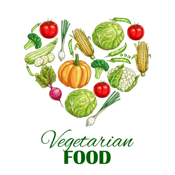 Vegetarisches Essen Herz Poster von Skizze Gemüse — Stockvektor