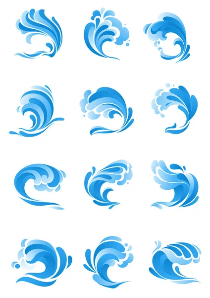 Waves, water splashes vector isolated icons — Stock Vector