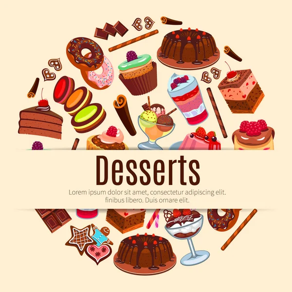 Desserts vector poster voor gebak of patisserie — Stockvector
