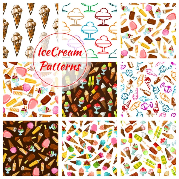 Ice cream desserts vector seamless patterns set — Stock Vector