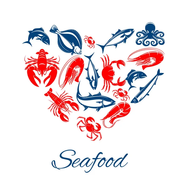 Poster di frutti di mare a forma di cuore simbolo vettoriale — Vettoriale Stock