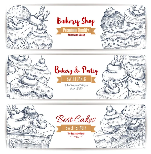 Panadería tienda postres boceto pancartas conjunto — Vector de stock
