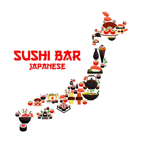 Fisk och skaldjur sushi i form av vektor Japan karta — Stock vektor