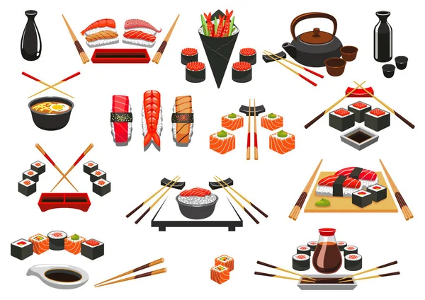 Mariscos, sushi, iconos vectoriales sashimi y emblemas — Vector de stock