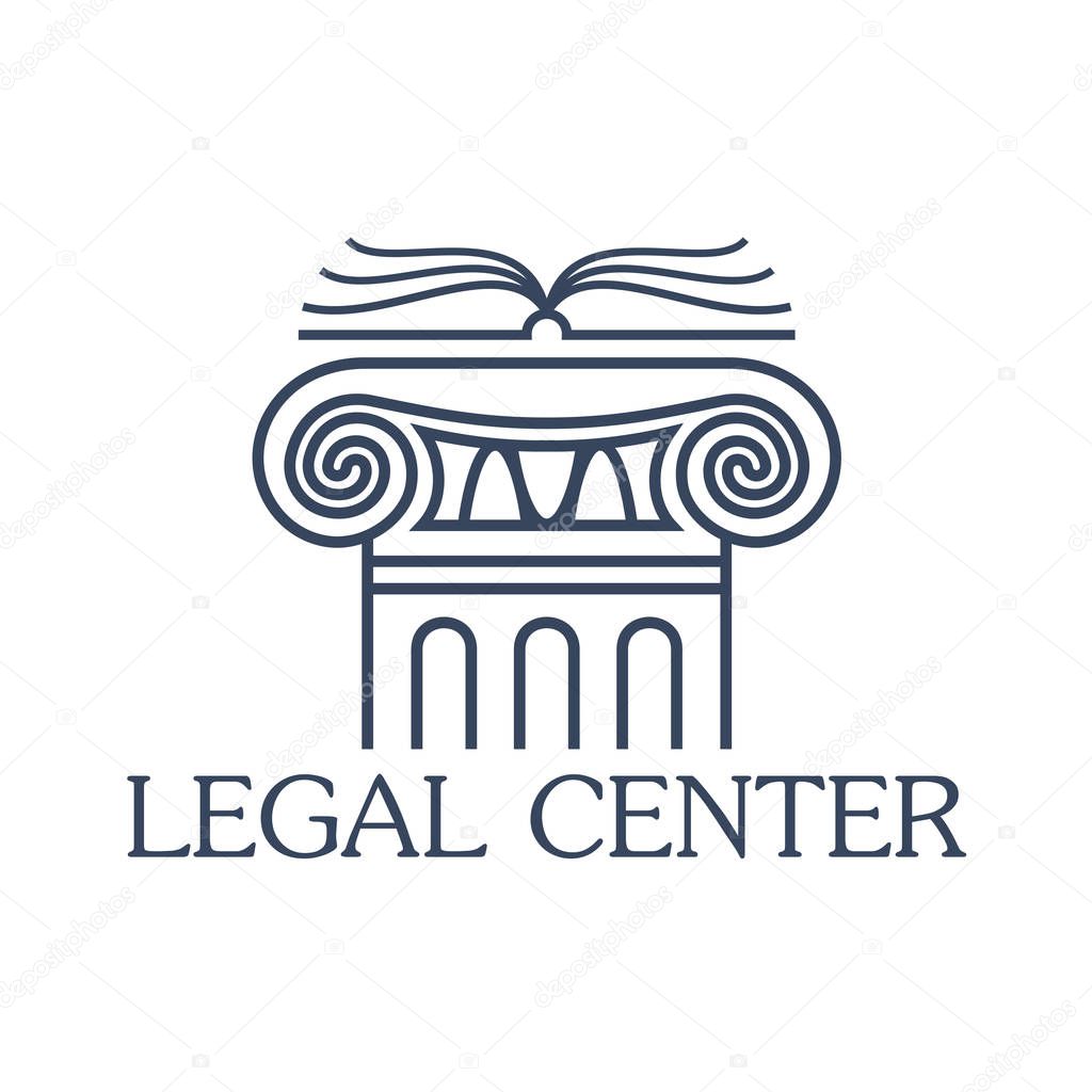 Legal assistance center emblem. Badge for law and juridical company or office. Vector isolated icon of antique greek or roman column pillar with open book for lawyer and notary, attorney or counsel